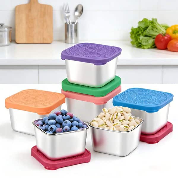 Food Grade Stainless Steel 6-Pack Kids Snack Containers with Silicone Lids, Dishwasher & Freezer Safe, School Lunch Box