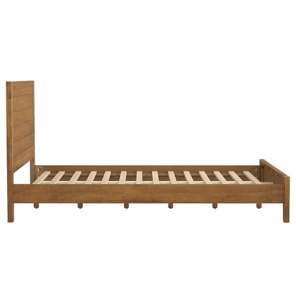 Lazio Mid Century Brown Wood Solid Wood Frame Queen Size Platform Bed Frame with Headboard Wooden Slat Support