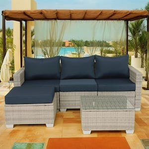 Grey 5-Piece Wicker Patio Conversation Set with Dark Blue Cushions