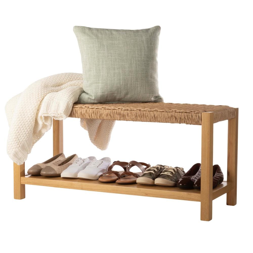 Newport 40-Inch Natural Wood Bench with Woven Rope Seat and Storage Shelf