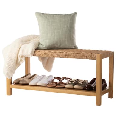 Newport Wood Storage Entryway or Dining Bench 14 in. with Handcrafted Woven Rope Seat, Natural