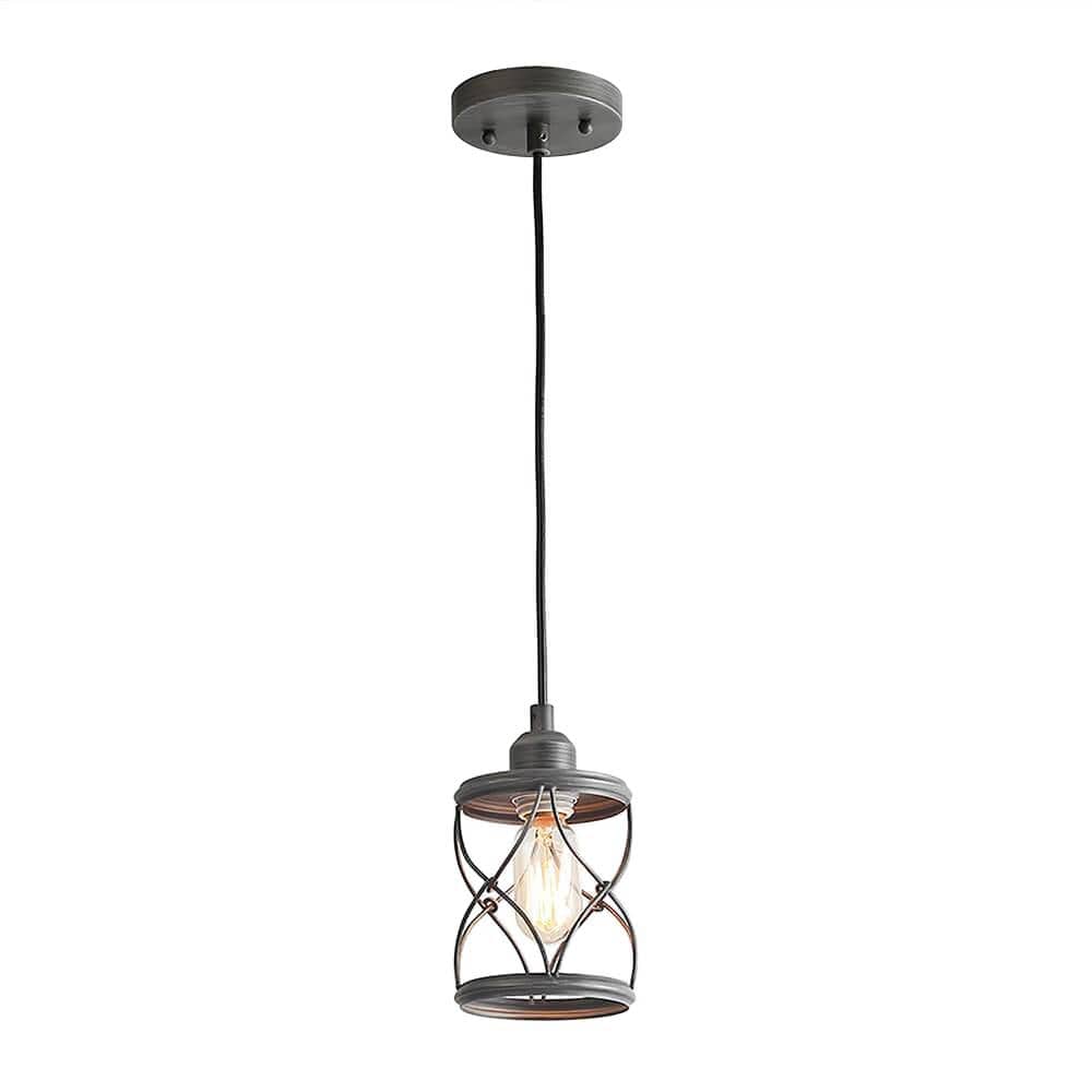 1-Light Antiqued Black Industrial Cylindrical Metal Cage Mini Pendant