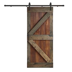 K Series 36 in. x 84 in. Dark Walnut Aged Barrel Knotty Pine Wood Sliding Barn Door with Hardware Kit