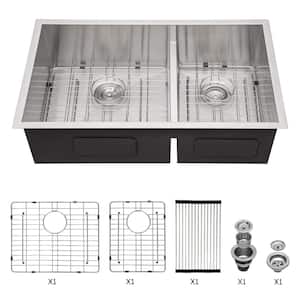 28 in. Undermount Double Bowl 16-Gauge Stainless Steel Kitchen Sink with Low Divide and Bottom Grid