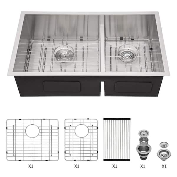 Logmey 28 in. Undermount Double Bowl 16-Gauge Stainless Steel Kitchen Sink with Low Divide and Bottom Grid