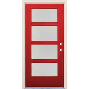 36 in. x 80 in. Left-Hand/Inswing 4 Lite Satin Etch Glass Ruby Red Fiberglass Prehung Front Door w/4-9/16" Frame