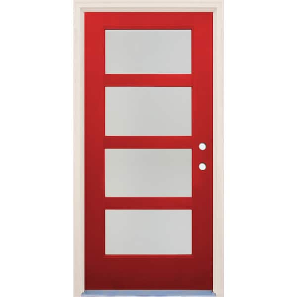 Builders Choice 36 in. x 80 in. Left-Hand/Inswing 4 Lite Satin Etch Glass Ruby Red Fiberglass Prehung Front Door w/6-9/16" Frame