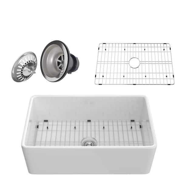 Unbranded 33 in. Farmhouse Apron Single Bowl Fireclay Kitchen Sink with Bottom Grid and Kitchen Sink Drain