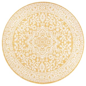 Sinjuri Medallion Textured Weave Yellow/Cream 5 ft. Round Indoor/Outdoor Area Rug