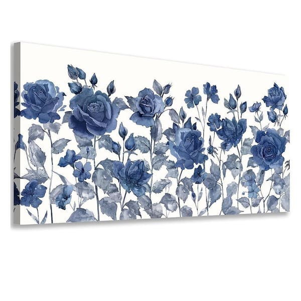3 Pcs Blue Floral Canvas Wall Art, Elegant Navy Blue Wildflower
