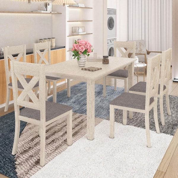 Gray Farmhouse Kitchen Table Set for 6 -7-Piece Wooden Dining Set, Rectangular Table with 6-Upholstered Chairs