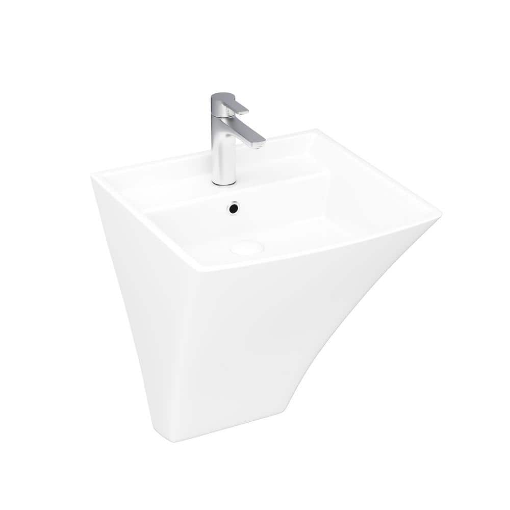 Glossy White Ceramic Wall-Mounted Rectangular Bathroom Sink