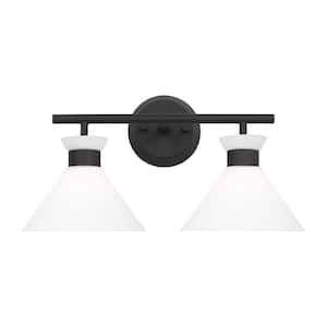 Belcarra 17.25 in. W x 9.125 in. H 2-Light Midnight Black Bathroom Vanity Light with Etched White Glass Shades