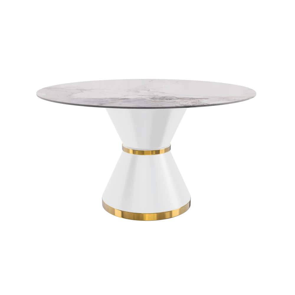 60'' White and Gold Round Glass Dining Table