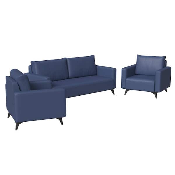 3-Piece Sofa Set Upholstered in Leather with Stainless Steel Legs Foam Filled Seat Inno Series in Dark Blue