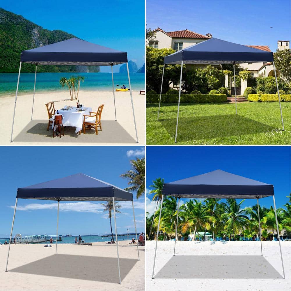10 Ft Blue Steel Pop-Up Canopy Tent with Waterproof Cover