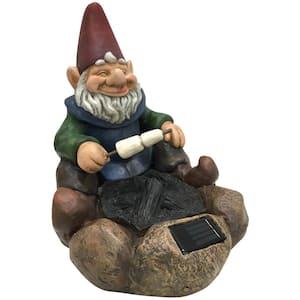 11 in. H Resin Solar Powered LED Gnome Roasting Marshmallows Lawn Statue