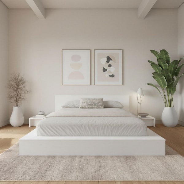 Kanso 4-Piece White Wood Queen Size Low-Profile Platform Bedroom Set