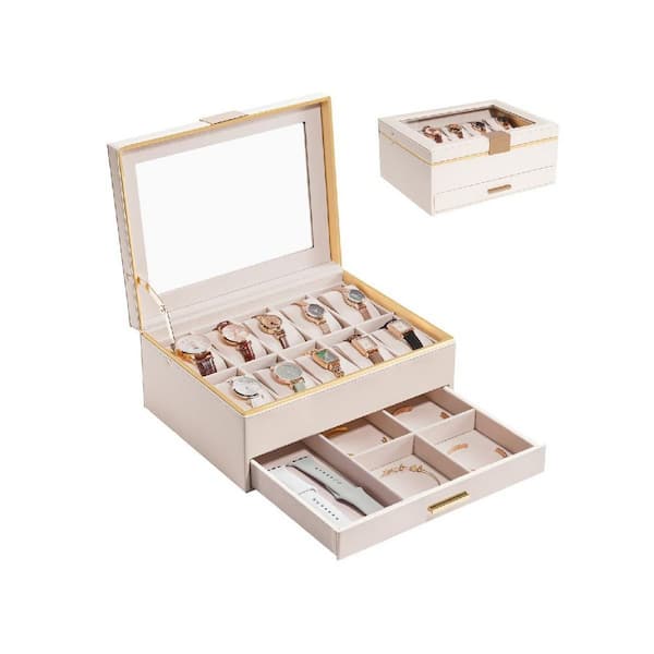 2-Layer 8"D x 11"W x 4"H Beige Rectangular Leather Jewelry Box