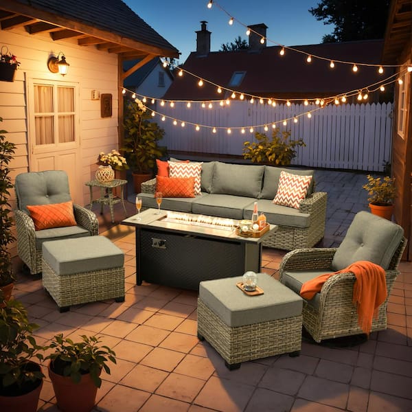 XIZZI Daisy 9-Piece Wicker Rectangular Fire Pit Sets and Swivel Rocking Chairs with Dark Gray Cushion