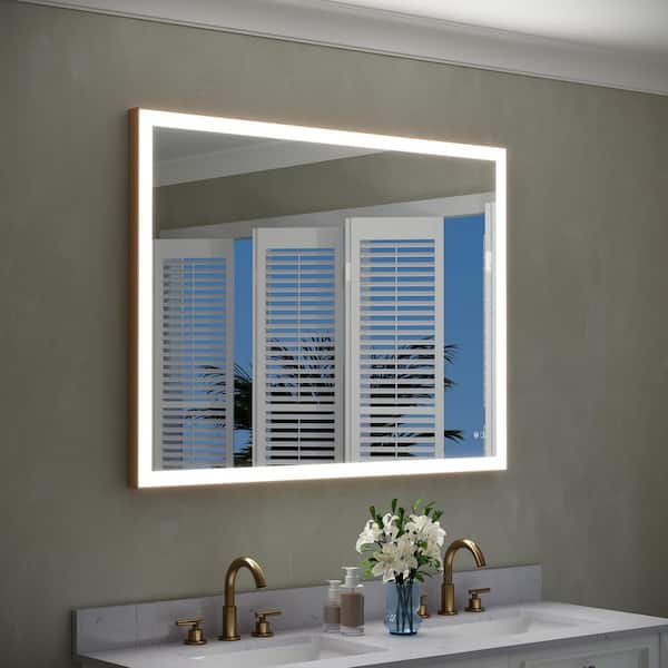 48 in. W x 36 in. H Rectangular Framed Wall LED Bathroom Vanity Mirror in Brushed Gold, Dimmable, Anti-fog, IP44