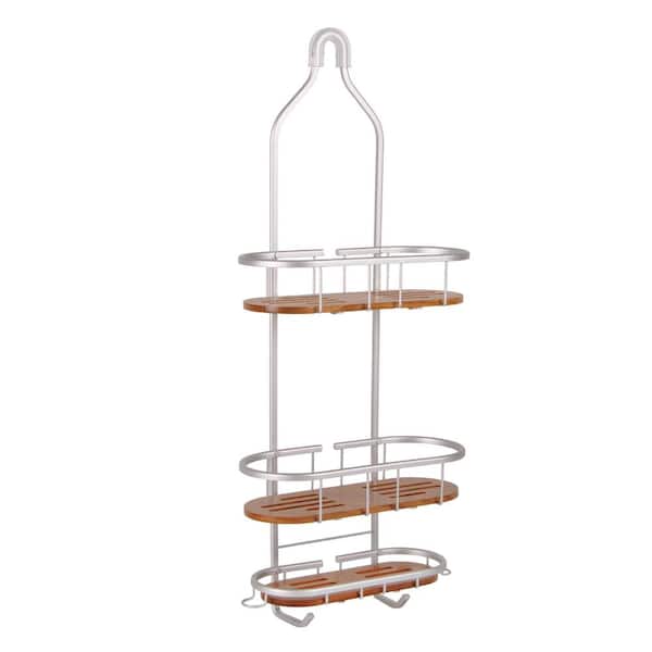 Utopia Alley Tia Over-the-Showerhead Caddy in Rustproof Satin Chrome Finish with 3 Teak Shelves
