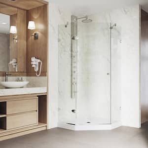 Verona 42 in. L x 42 in. W x 77 in. H Frameless Pivot Neo-angle Shower Enclosure Kit in Brushed Nickel with Clear Glass