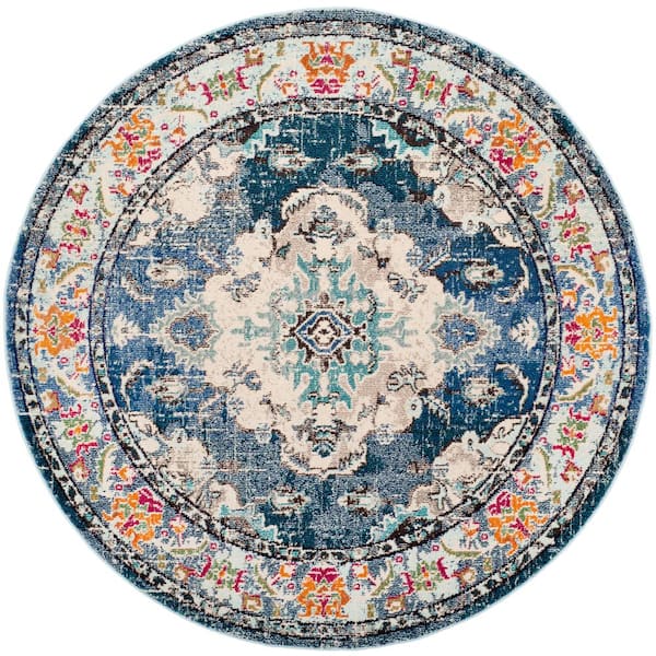SAFAVIEH Monaco Navy/Light Blue 4 ft. x 4 ft. Distressed Border Medallion Round Area Rug