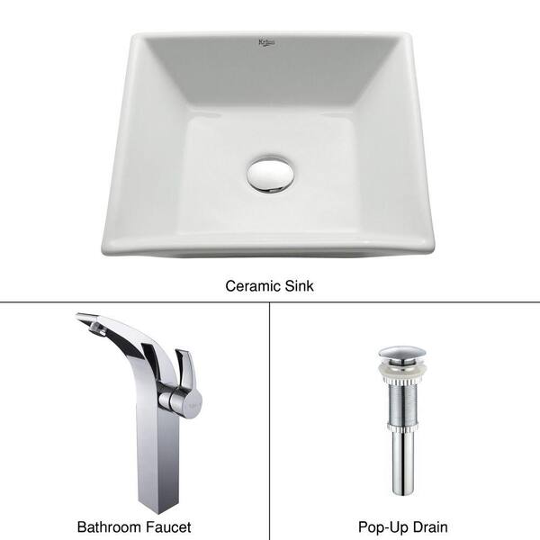 KRAUS Flat Square Ceramic Vessel Sink in White with Illusio Faucet in Chrome