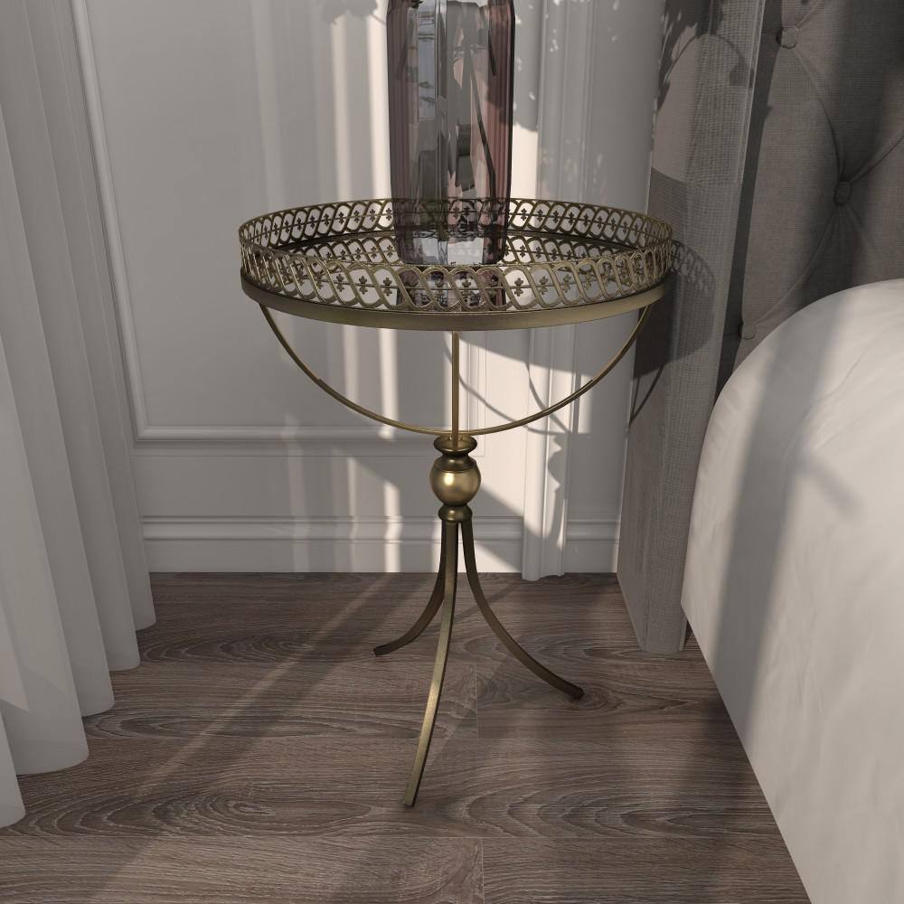 Gold Brass Round Metal and Glass Accent Table