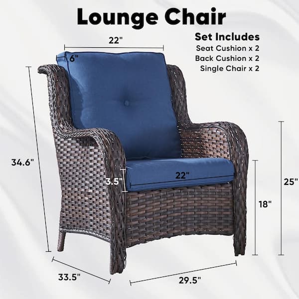 Porch Brown Wicker Outdoor Lounge Chair with Blue Cushions (2-Pack)