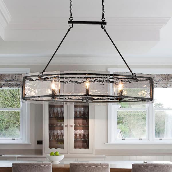 Chloe 6-Light Matte Black Linear Chandelier with Clear Water Glass for Kitchen Island