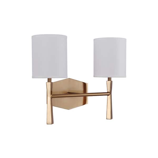 Chatham 13.75 in. 2 Light Satin Brass Finish Vanity Light with White Linen Shade