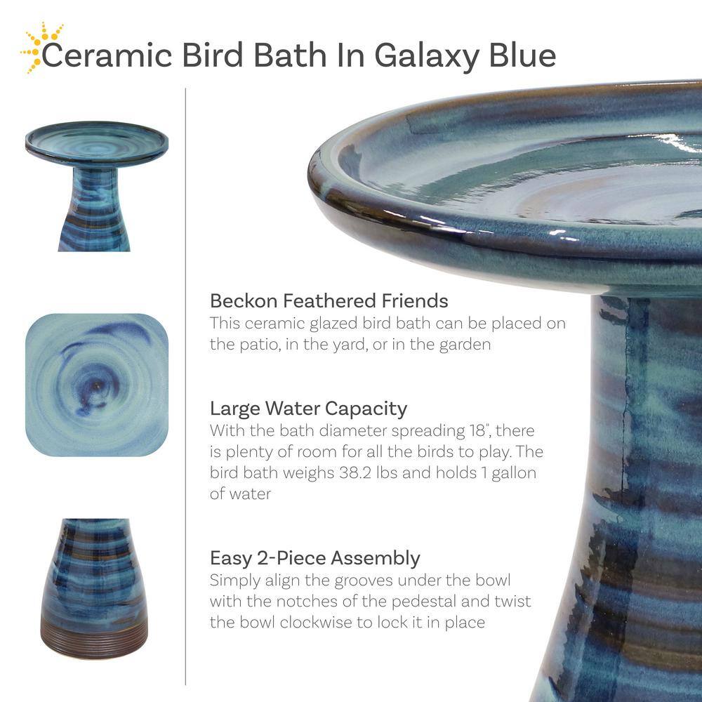 Galaxy Blue Ceramic Bird Bath with Ribbed Pedestal, 21" H