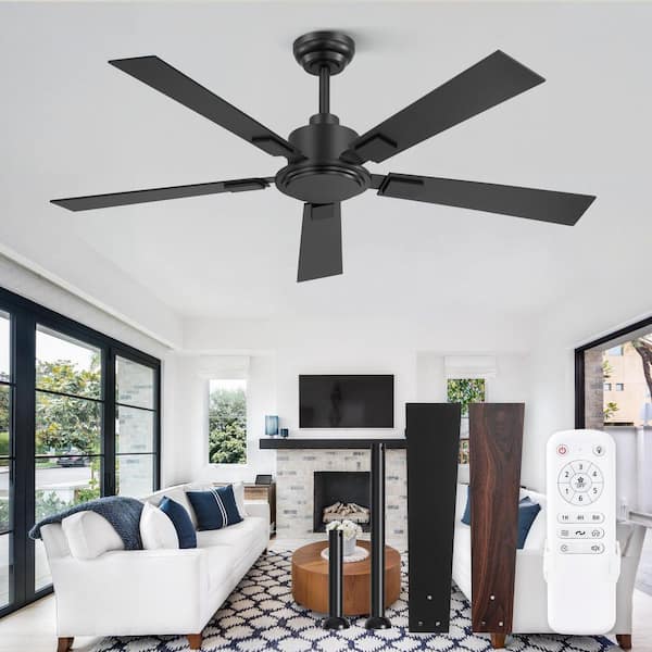 52 in. Indoor Matte Black 6-Speed Reversible Down Rod Mount No Lights Standard Ceiling Fan with DC Motor Remote Control