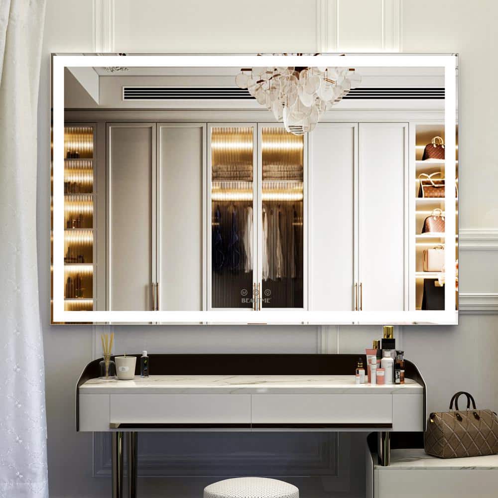 Cesicia 72 in. W x 32 in. H Rectangular Frameless Wall Mount Bathroom Vanity Mirror in Silver ...