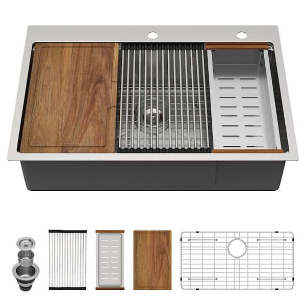 33 in. x 22 in. x 9 in Drop-in Single Bowl 16-Gauge Stainless Steel Workstation Kitchen Sink with Bottom Grid