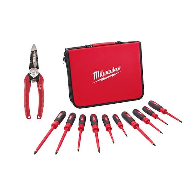 Milwaukee 10-Piece 1000-Volt Insulated Screwdriver Set with Combination Electricians 6-in-1 Wire Strippers Pliers