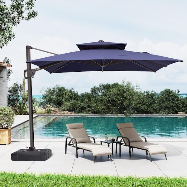 Crestlive Products 10.5 ft. x 9 ft. Double Top Rectangular Cantilever Patio Umbrella in Navy Blue with 260 lbs. Base Stand