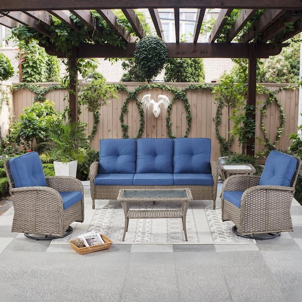 Gymojoy Carlos Gray 5-Piece Wicker Patio Conversation Sofa Set Outdoor Swivel Chair Set with Blue Cushion Guard Cushions