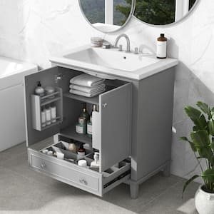 30 in. Functional Storage Wood Cabinet Freestanding Gray Bathroom Vanity with White Sink Combo, 2-Doors, 1-Drawer