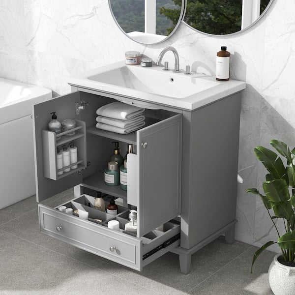 Magic Home 30 in. Functional Storage Wood Cabinet Freestanding Gray Bathroom Vanity with White Sink Combo, 2-Doors, 1-Drawer