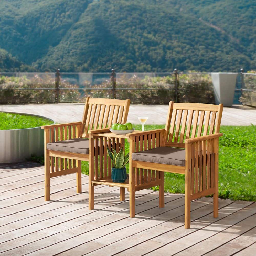 Bristol Acacia Wood Outdoor Double Seat Bench with Beige Cushion, Attached Table, Weather-Proof, Natural Finish price history on PriceWatchPro