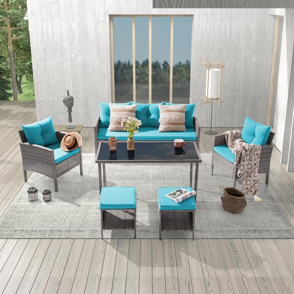 JOYESERY 6-Piece Patio Outdoor Wicker Conversation Sofa Set Thickening With 3-Seater and Table for Poolside, Lake Blue Cushions