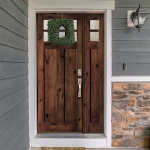 50 in. x 96 in. Craftsman 3-Panel Left Hand 6-Lite Clear Glass Red Mahogany Wood Prehung Front Door Right Sidelite