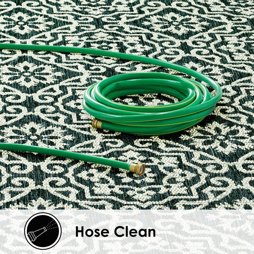 Teal Blue Geometric Synthetic Indoor/Outdoor Area Rug