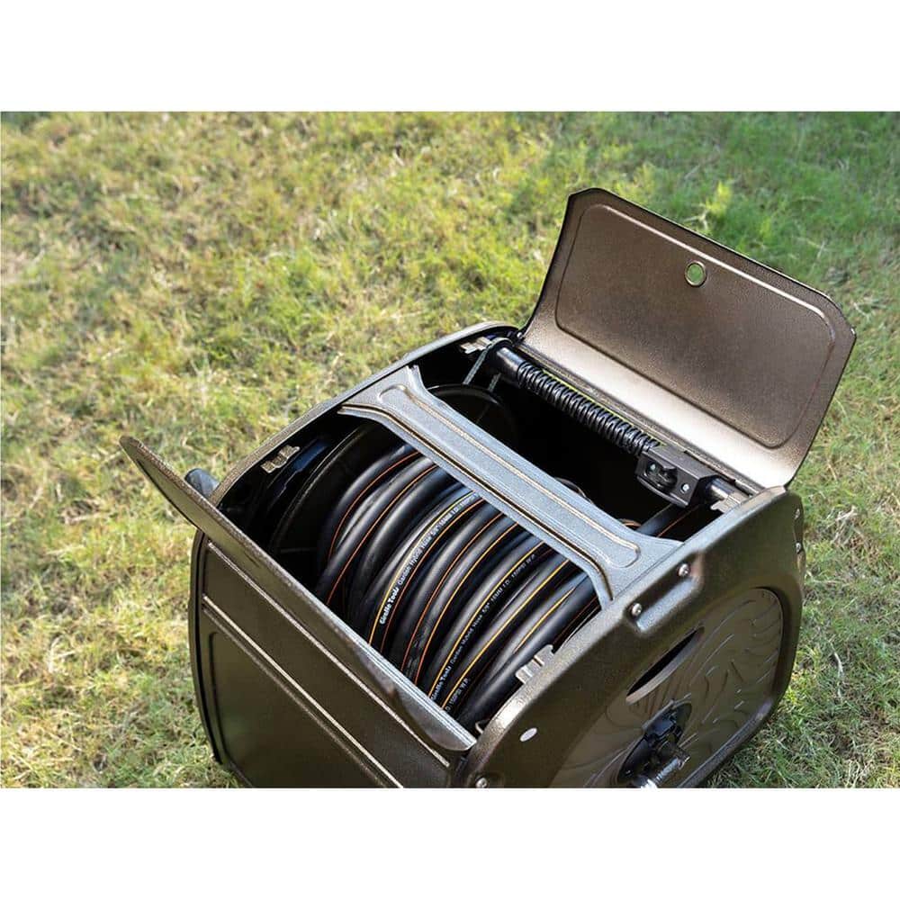 Heavy-Duty Green Metal Garden Hose Reel Box with Crank Handle
