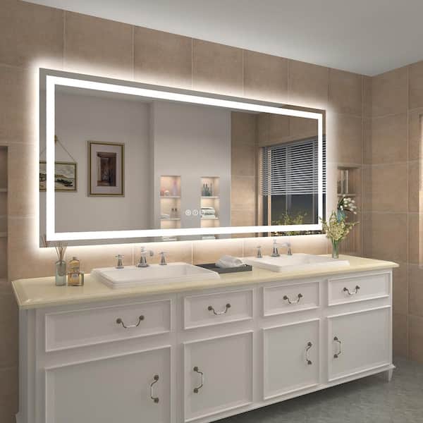 KIOTEE 77 in. W x 36 in. H Rectangular Frameless Front Back Lighted Anti-Fog Wall Bathroom Vanity Mirror, Tempered Glass, ETL