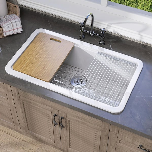 33 in. Drop-In/Undermount Workstation Single Bowl White Center Drain Fireclay Rectangular Kitchen Sink with Accessories