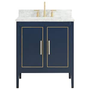 Exeter 30 in. W x 21 in. D x 34 in. H Single Sink Bath Vanity in Navy with Carrara Marble Top and Ceramic Basin